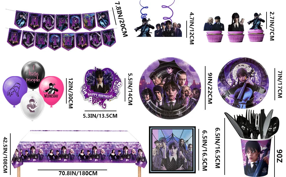 Wednesday Birthday Decorations,117pcs Wednesday Party Decorations&Tableware-Wednesday Balloons Plates Napkins Cups Balloons etc