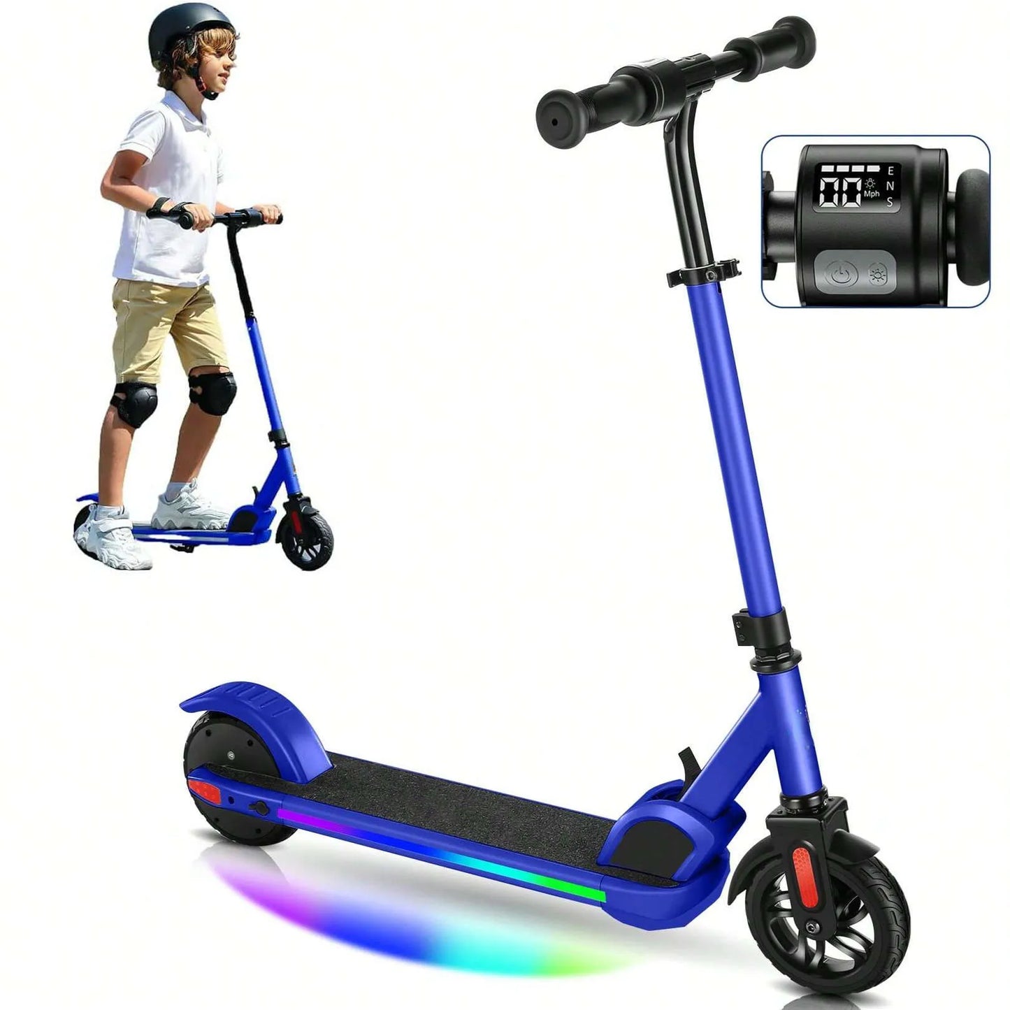 Electric Scooter For Kids Ages 6-12 150W Motor 10 MPH Max Speed & 7 Miles Colorful Lights Adjustable Height & Speed LED Display