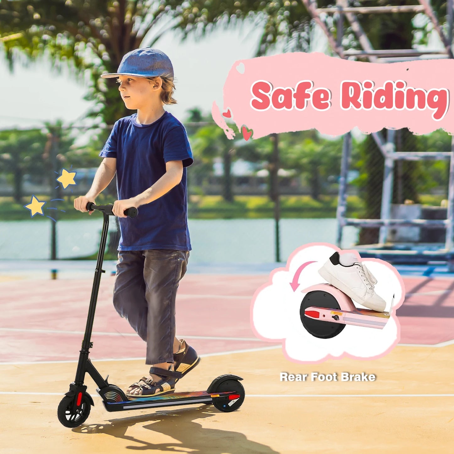 Electric Scooter For Kids Ages 6-12 150W Motor 10 MPH Max Speed & 7 Miles Colorful Lights Adjustable Height & Speed LED Display