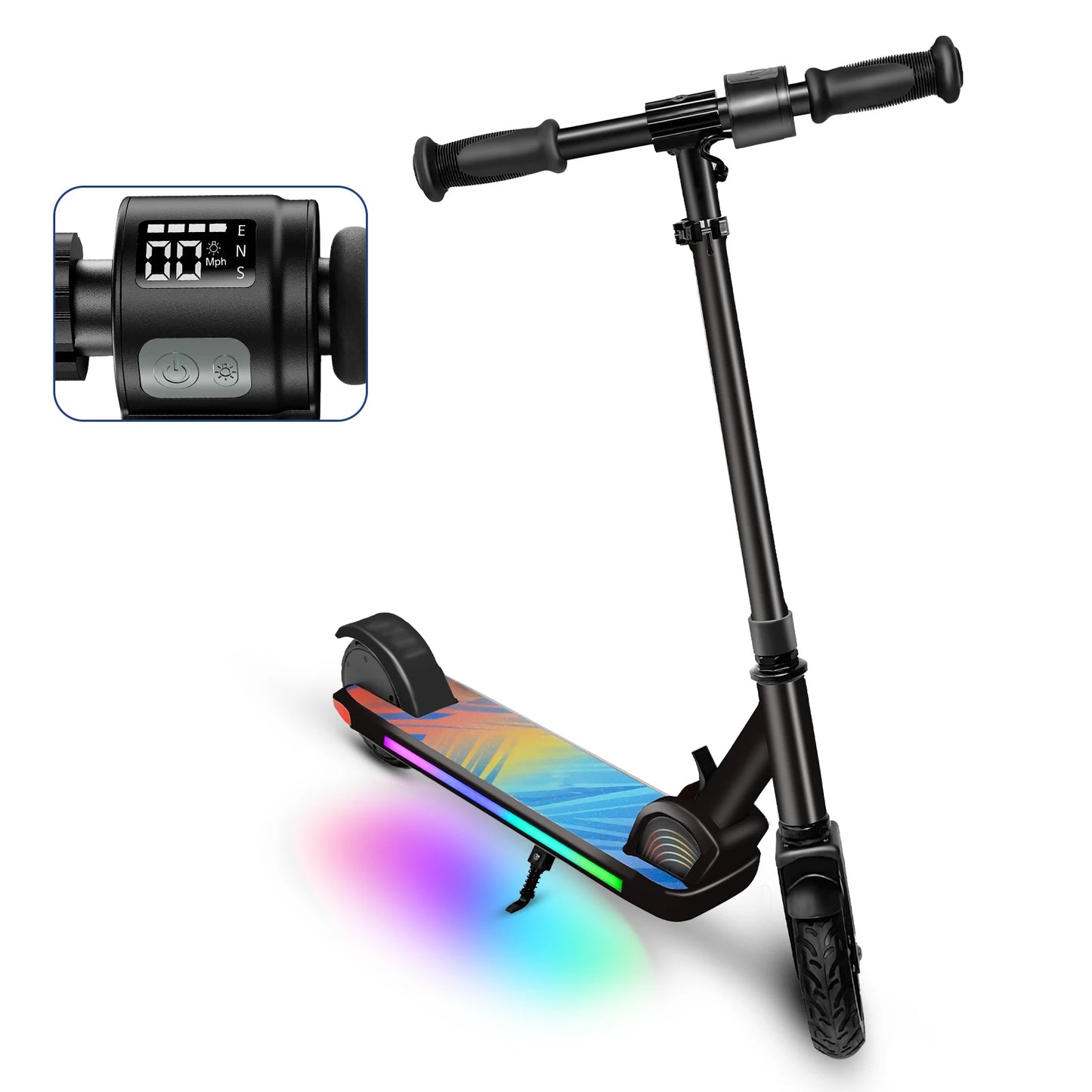 Electric Scooter For Kids Ages 6-12 150W Motor 10 MPH Max Speed & 7 Miles Colorful Lights Adjustable Height & Speed LED Display
