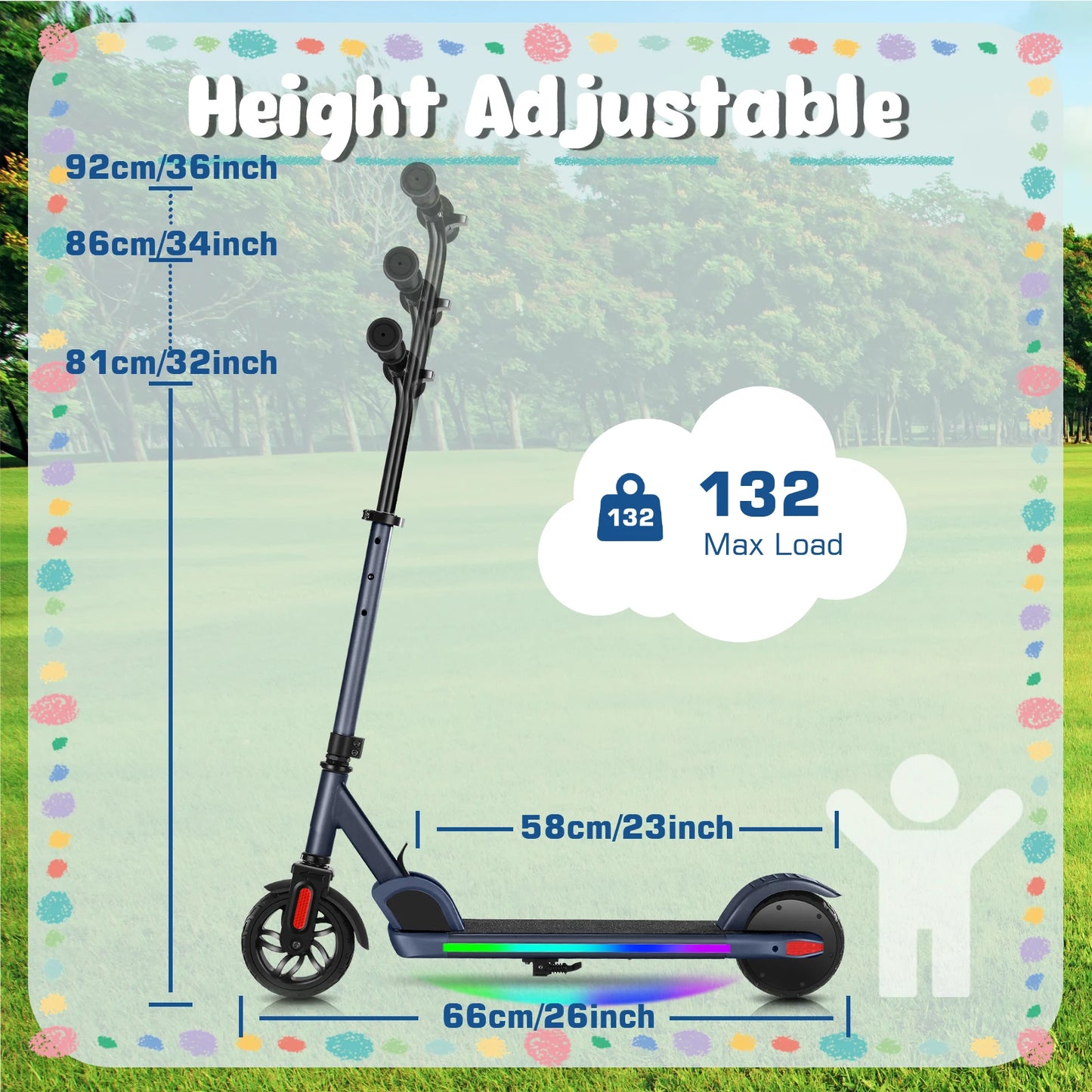 Electric Scooter For Kids Ages 6-12 150W Motor 10 MPH Max Speed & 7 Miles Colorful Lights Adjustable Height & Speed LED Display