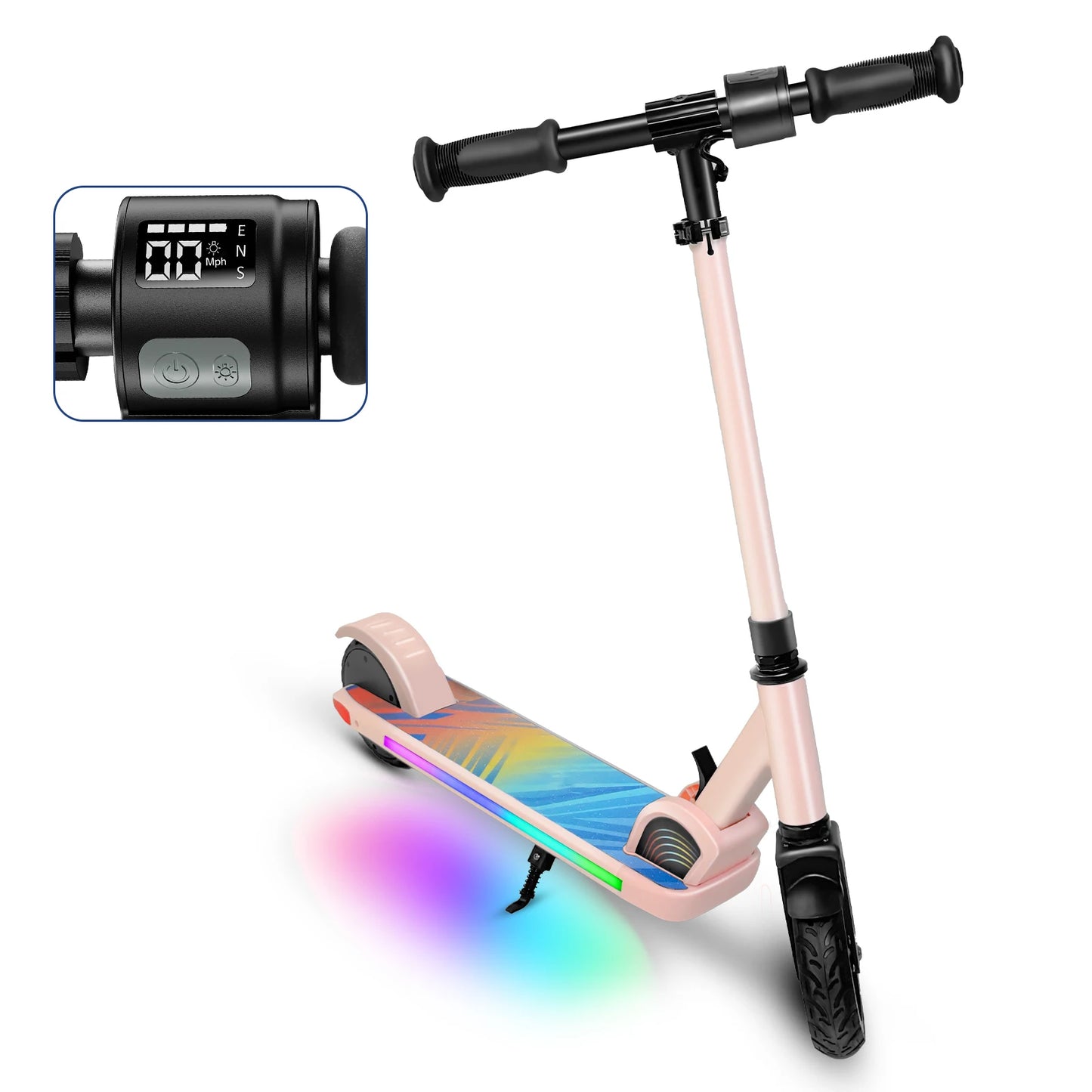 Electric Scooter For Kids Ages 6-12 150W Motor 10 MPH Max Speed & 7 Miles Colorful Lights Adjustable Height & Speed LED Display