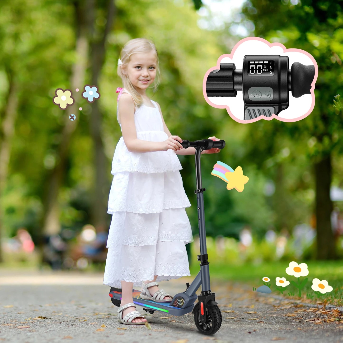 Electric Scooter For Kids Ages 6-12 150W Motor 10 MPH Max Speed & 7 Miles Colorful Lights Adjustable Height & Speed LED Display