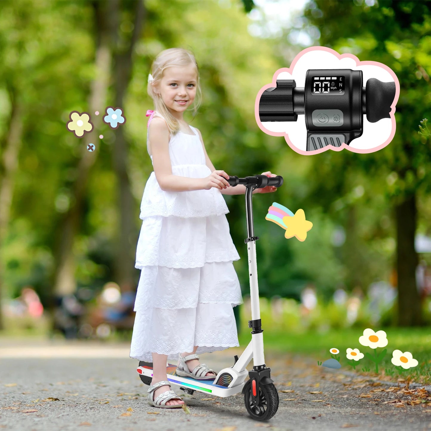 Electric Scooter For Kids Ages 6-12 150W Motor 10 MPH Max Speed & 7 Miles Colorful Lights Adjustable Height & Speed LED Display