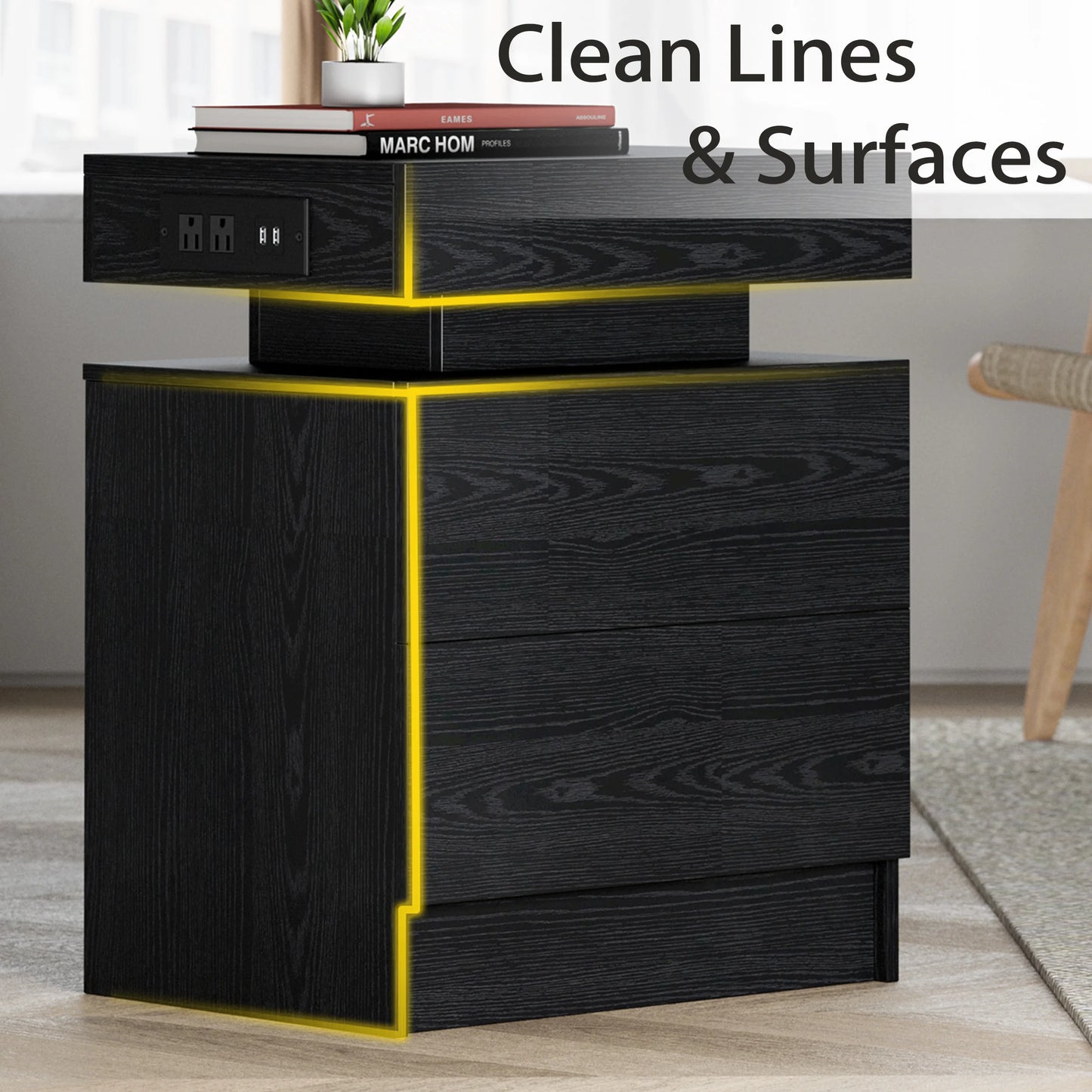 Night Stand with Charging Station, Modern Nightstand with LED Light and Drawers, Bedside Tables/End Table for Bedroom