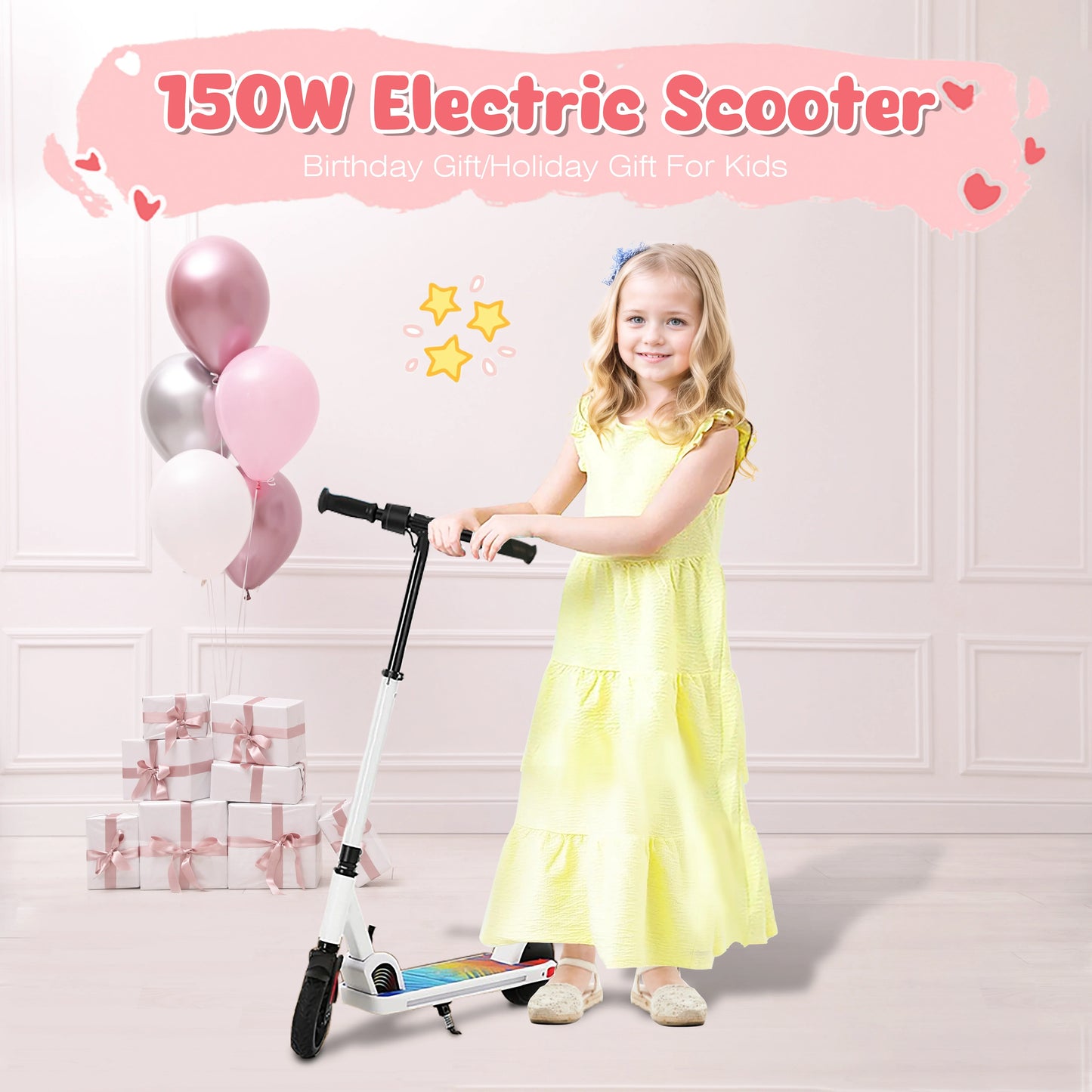 Electric Scooter For Kids Ages 6-12 150W Motor 10 MPH Max Speed & 7 Miles Colorful Lights Adjustable Height & Speed LED Display