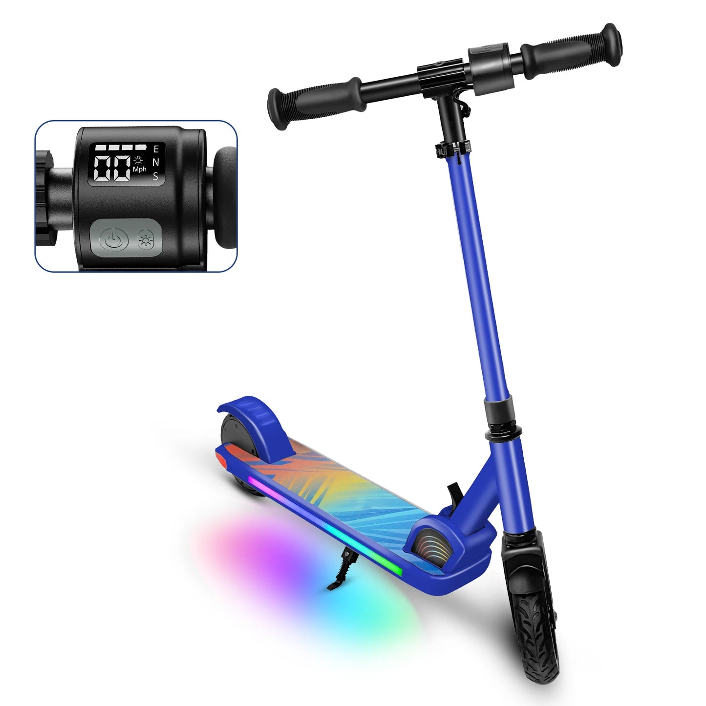 Electric Scooter For Kids Ages 6-12 150W Motor 10 MPH Max Speed & 7 Miles Colorful Lights Adjustable Height & Speed LED Display