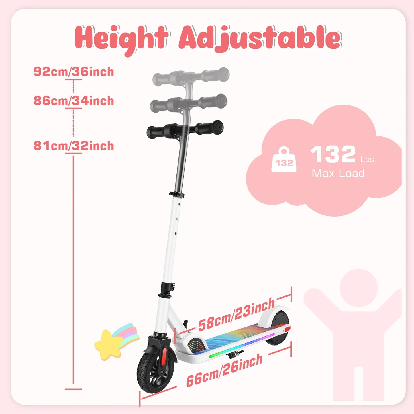 Electric Scooter For Kids Ages 6-12 150W Motor 10 MPH Max Speed & 7 Miles Colorful Lights Adjustable Height & Speed LED Display