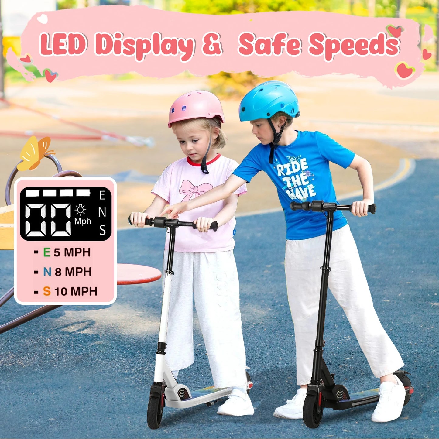 Electric Scooter For Kids Ages 6-12 150W Motor 10 MPH Max Speed & 7 Miles Colorful Lights Adjustable Height & Speed LED Display