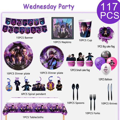 Wednesday Birthday Decorations,117pcs Wednesday Party Decorations&Tableware-Wednesday Balloons Plates Napkins Cups Balloons etc