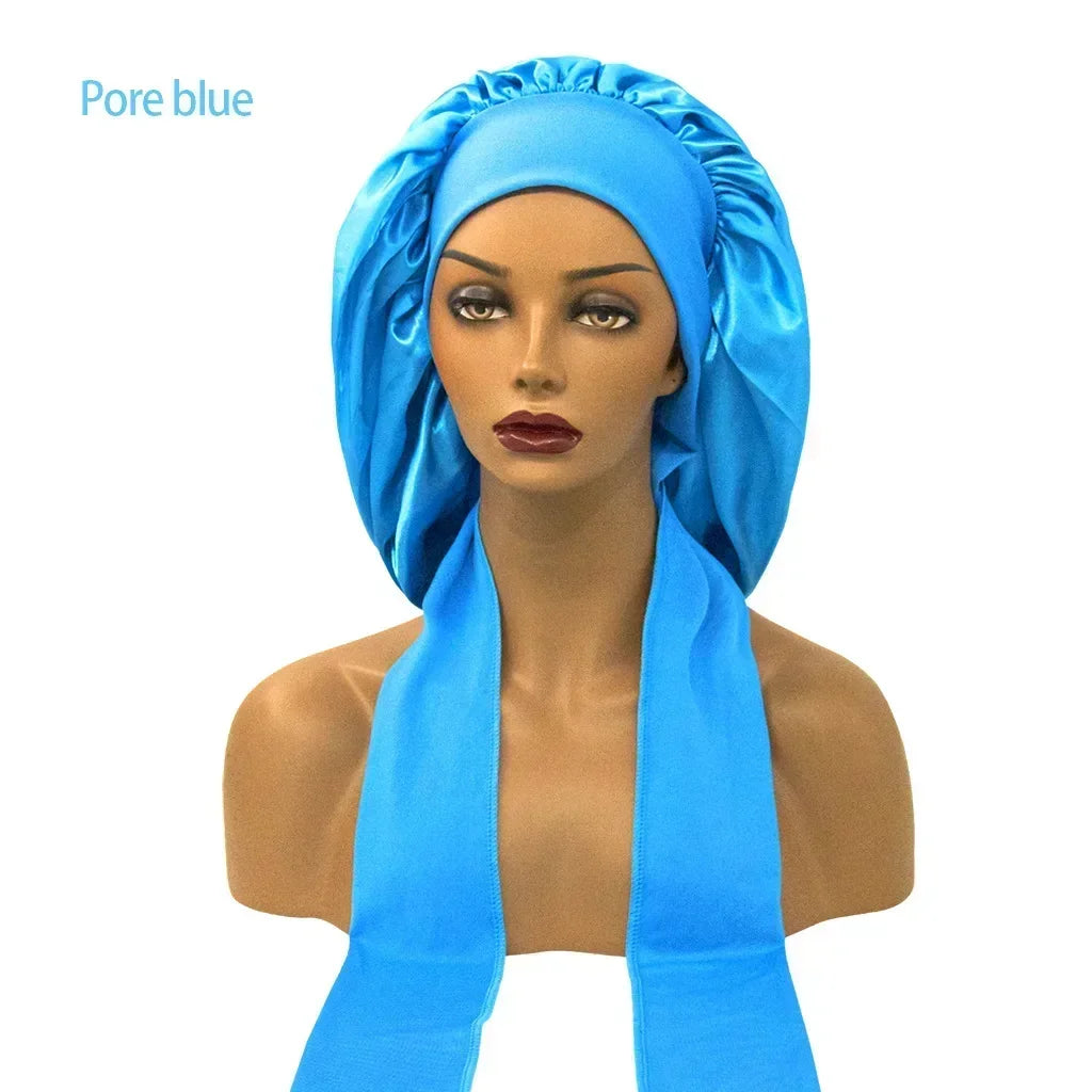 Satin Widened Sleep Hat Night Sleep Cap with Long Streamer Hair Care Bonnet Nightcap Elastic Cap De Nuit Shower Turban