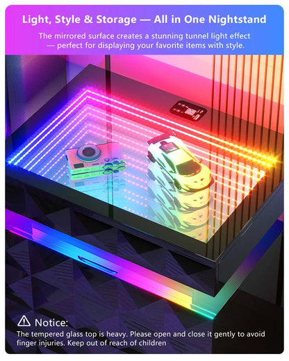 Night Stand with Charging Station and RGB Lights, LED Nightstand with Tempered Glass and Sliding Top, 3 Drawers, Customized