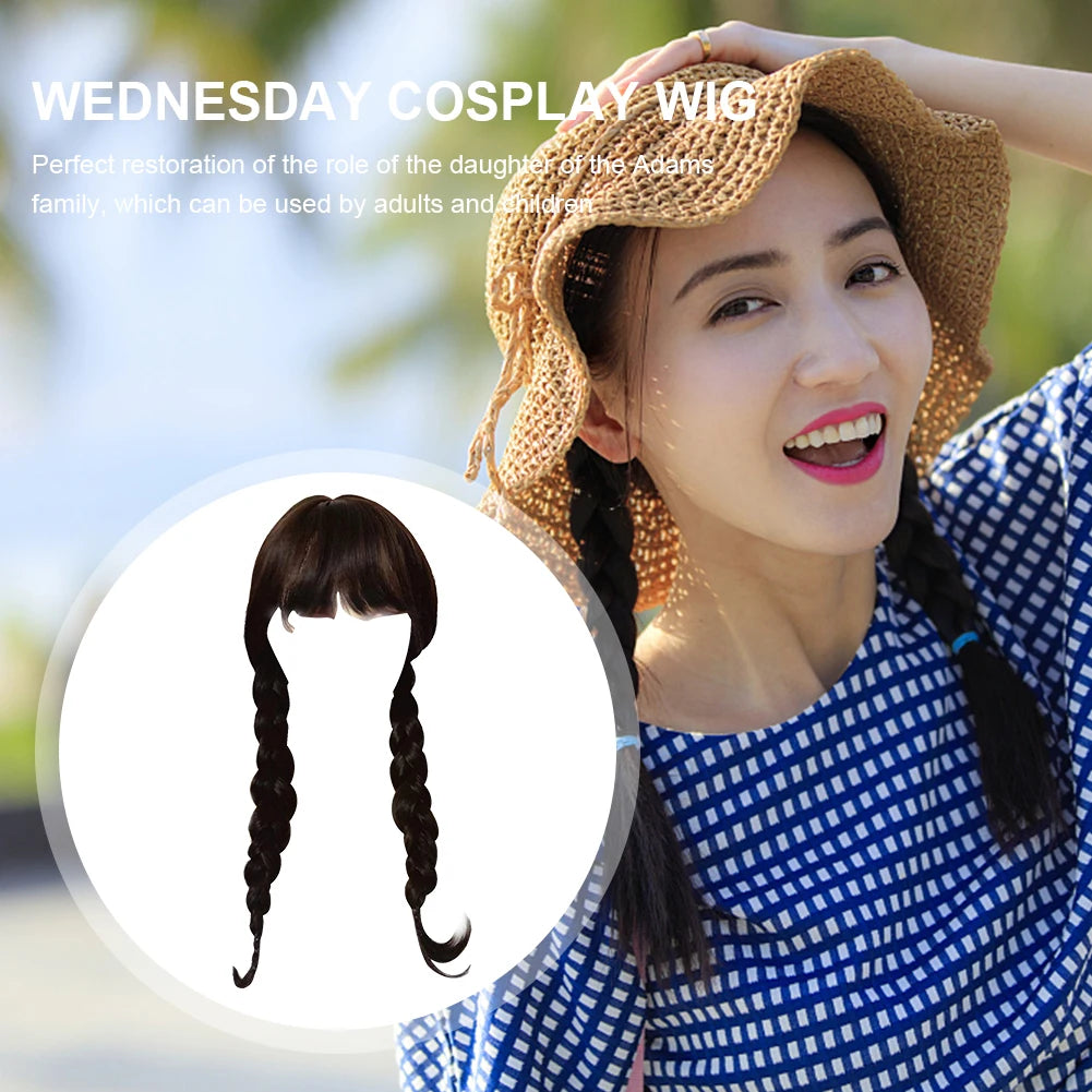 Wednesday Addams Cosplay Wig Long Black Braids Hair Synthetic Wigs Universal Size for Halloween Party Girls Dress Up Accessories