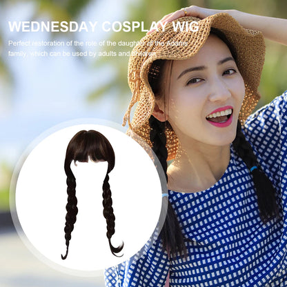 Wednesday Addams Cosplay Wig Long Black Braids Hair Synthetic Wigs Universal Size for Halloween Party Girls Dress Up Accessories