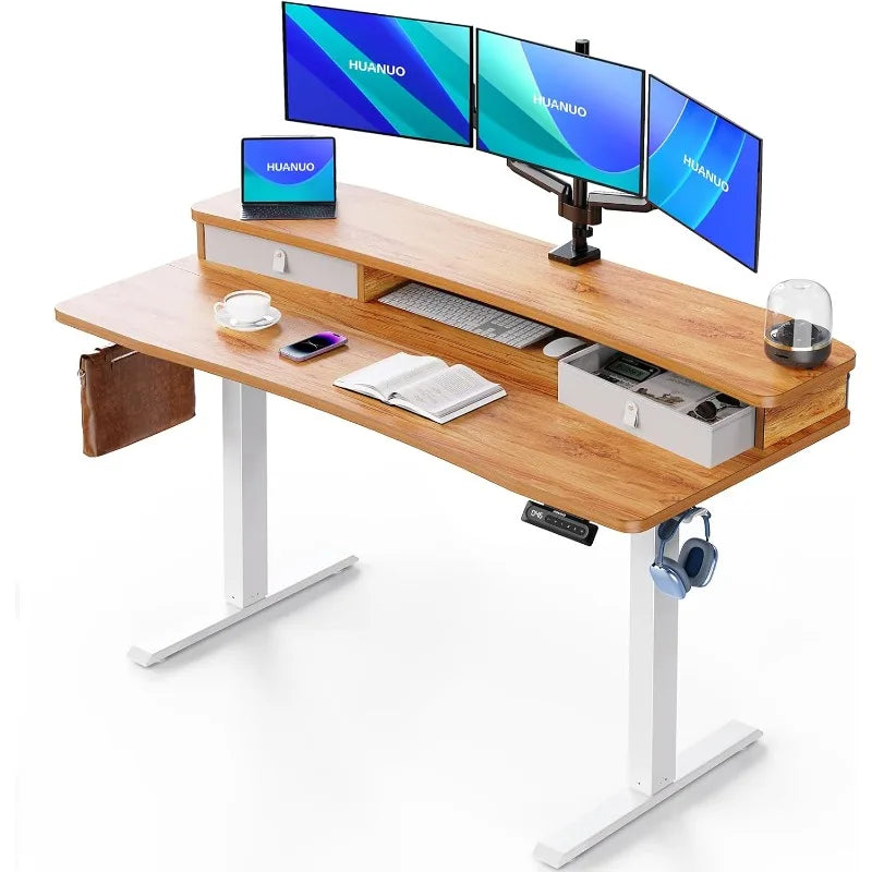 HUANUO Electric Standing Desk with 2 Drawers,C-Clamp Mount Compatible,Height Adjustable Computer Desk, Home Office Stand Up Desk
