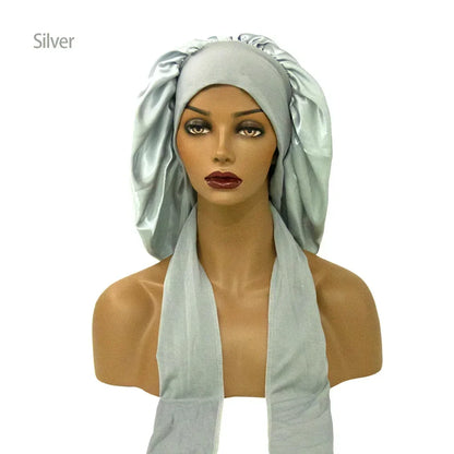 Satin Widened Sleep Hat Night Sleep Cap with Long Streamer Hair Care Bonnet Nightcap Elastic Cap De Nuit Shower Turban