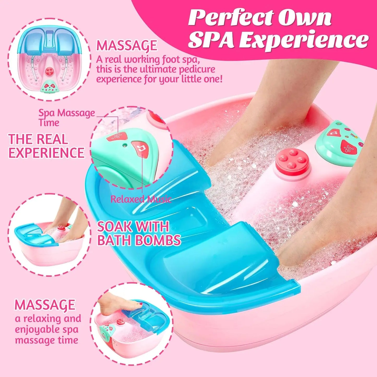 Girls Spa Kit with Foot Soak Tub, Nail Dryer & Bath Bombs, Fun Toys Gift for Ages 6-12