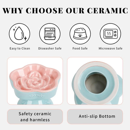 Ceramic Raised Slow Feeder Cat Bowl, Flower Shaped Elevated Dish for Cats Small Dogs, Pink 5.8"
