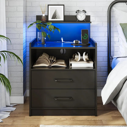 Modern LED Nightstand with Charging Station, 2 Drawers, USB Ports, and RGB Lights for Bedroom or Living Room