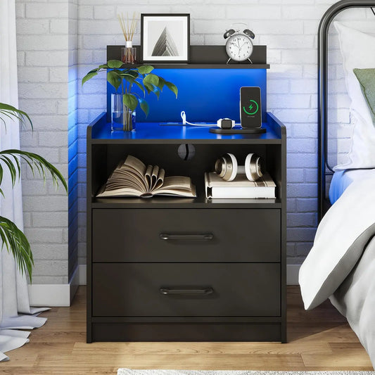 Modern LED Nightstand with Charging Station, 2 Drawers, USB Ports, and RGB Lights for Bedroom or Living Room