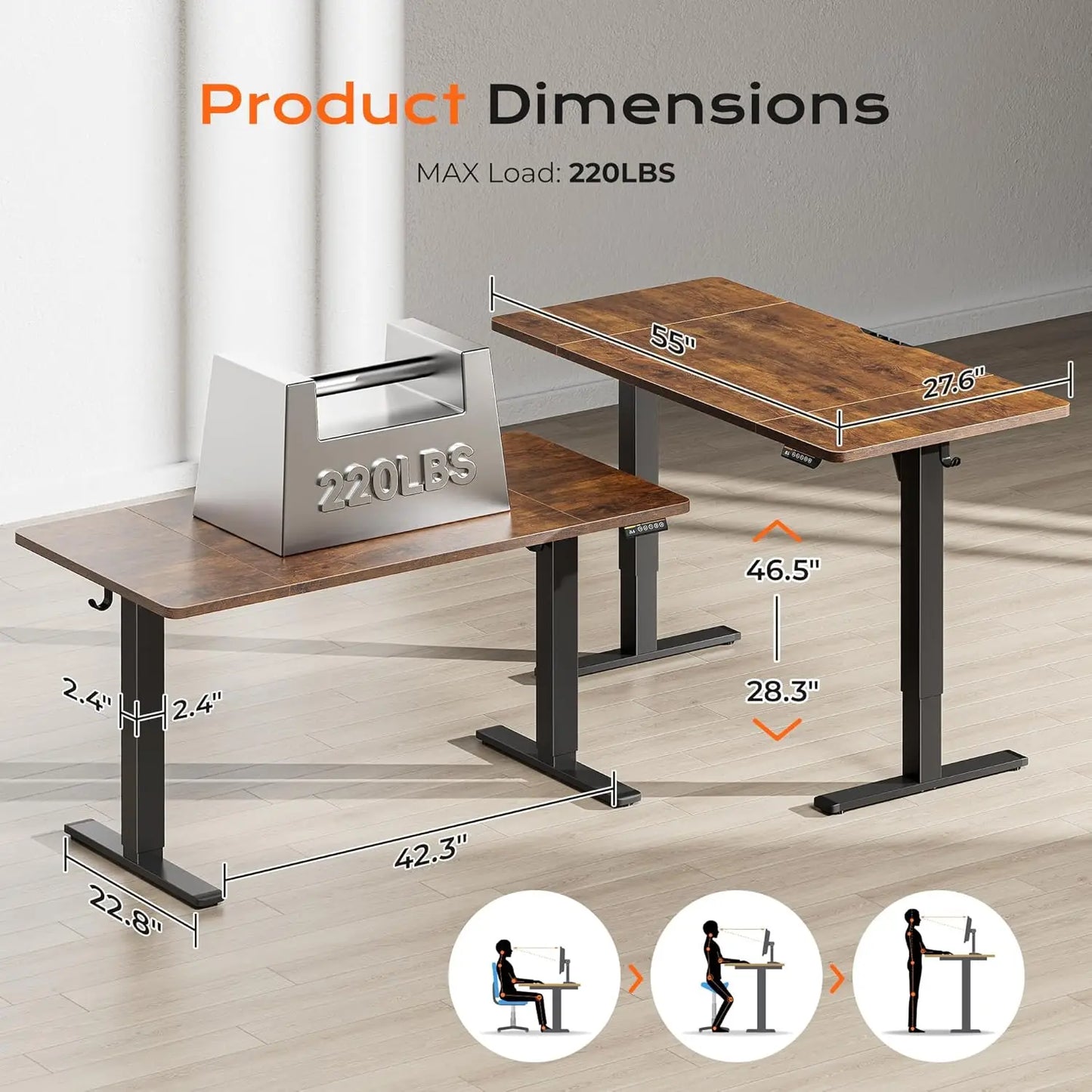 Large Electric Standing Desk, Height Adjustable Computer Desk with 3 Preset Heights, Rustic Brown for Home Office