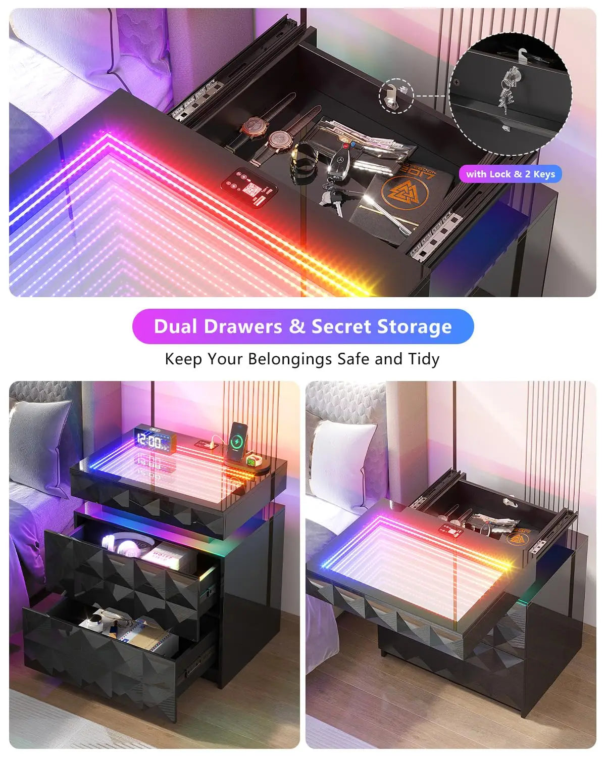 Night Stand with Charging Station and RGB Lights, LED Nightstand with Tempered Glass and Sliding Top, 3 Drawers, Customized