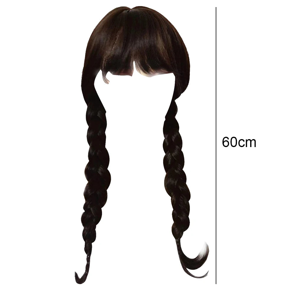 Wednesday Addams Cosplay Wig Long Black Braids Hair Synthetic Wigs Universal Size for Halloween Party Girls Dress Up Accessories