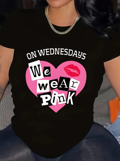 Women's Black Breast Cancer Awareness T-Shirt - "ON WEDNESDAYS WE WEAR PINK" Heart & Lips Graphic, Soft Polyester
