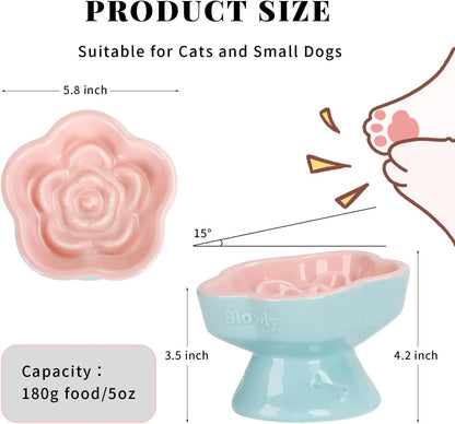 Ceramic Raised Slow Feeder Cat Bowl, Flower Shaped Elevated Dish for Cats Small Dogs, Pink 5.8"