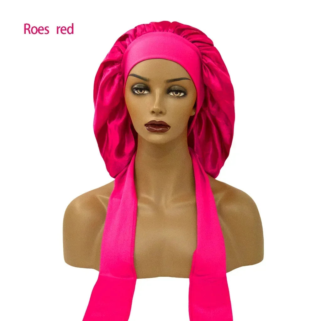 Satin Widened Sleep Hat Night Sleep Cap with Long Streamer Hair Care Bonnet Nightcap Elastic Cap De Nuit Shower Turban