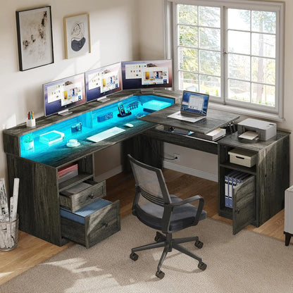 L Shaped Desk with Power Outlets & LED Lights, 60" Corner Computer Desk with Drawers & Lift Top, Home Office Desk, Customized