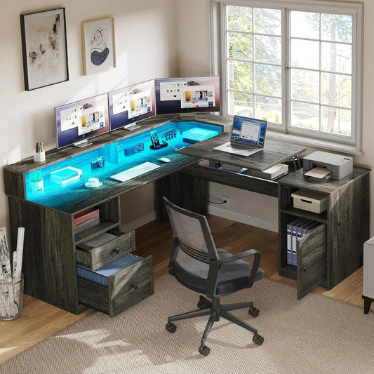L Shaped Desk with Power Outlets & LED Lights, 60" Corner Computer Desk with Drawers & Lift Top, Home Office Desk, Customized