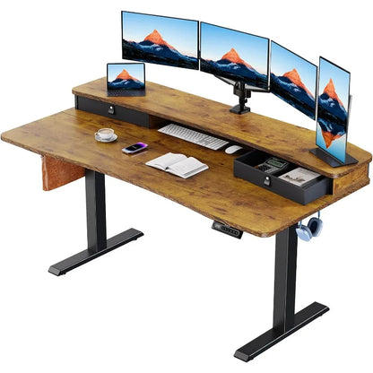HUANUO Electric Standing Desk with 2 Drawers,C-Clamp Mount Compatible,Height Adjustable Computer Desk, Home Office Stand Up Desk