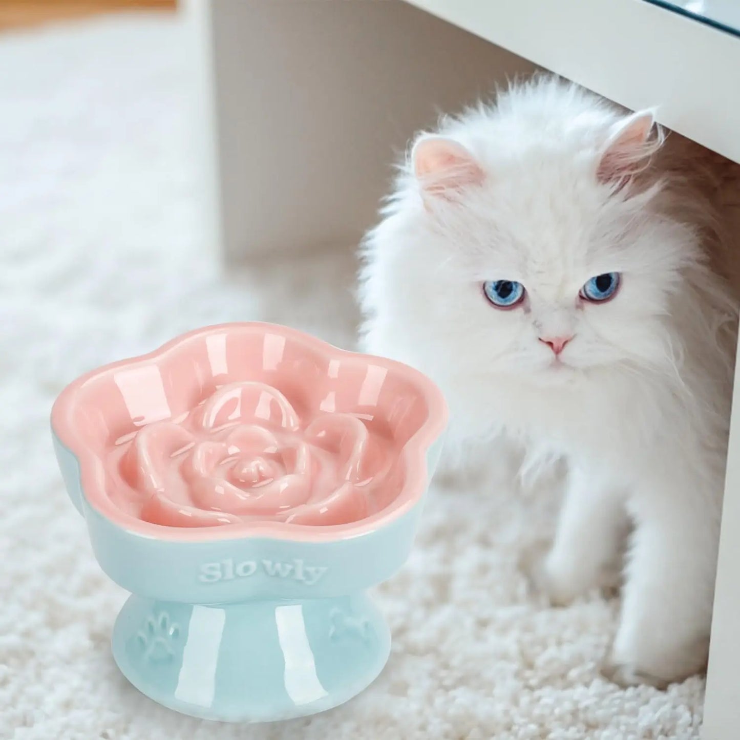 Ceramic Raised Slow Feeder Cat Bowl, Flower Shaped Elevated Dish for Cats Small Dogs, Pink 5.8"