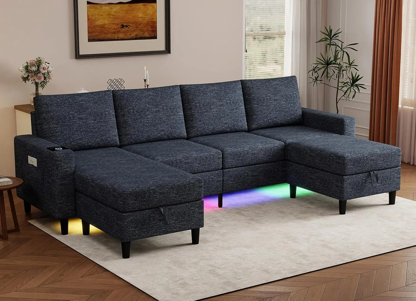 Smart Sectional Couches For Living Room, 6 Seat U/L Shaped Sectional Sofa With RGB Light/Charging, Modern Living, Customized
