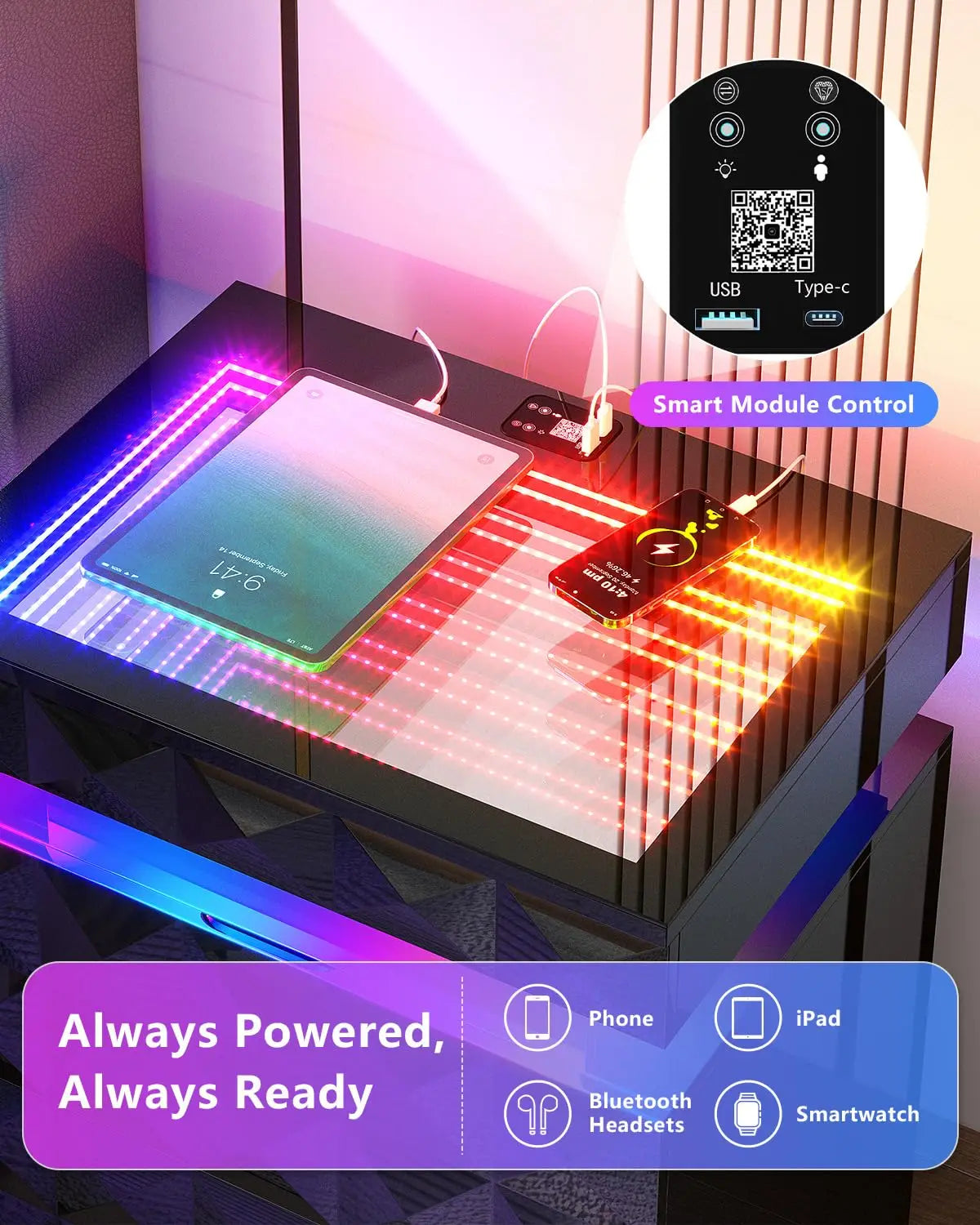 Night Stand with Charging Station and RGB Lights, LED Nightstand with Tempered Glass and Sliding Top, 3 Drawers, Customized