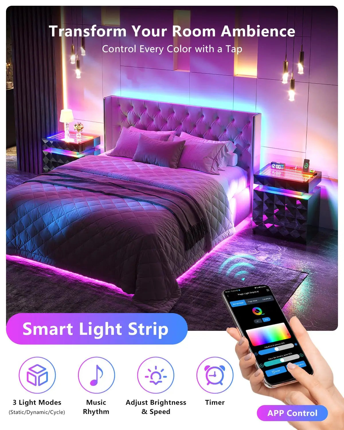Night Stand with Charging Station and RGB Lights, LED Nightstand with Tempered Glass and Sliding Top, 3 Drawers, Customized