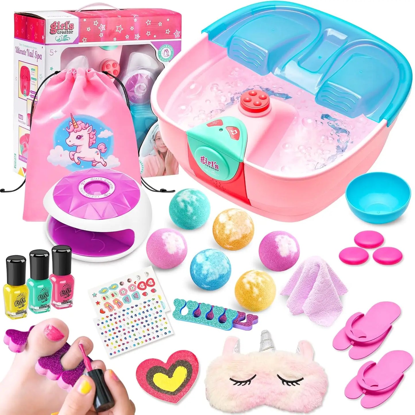 Girls Spa Kit with Foot Soak Tub, Nail Dryer & Bath Bombs, Fun Toys Gift for Ages 6-12