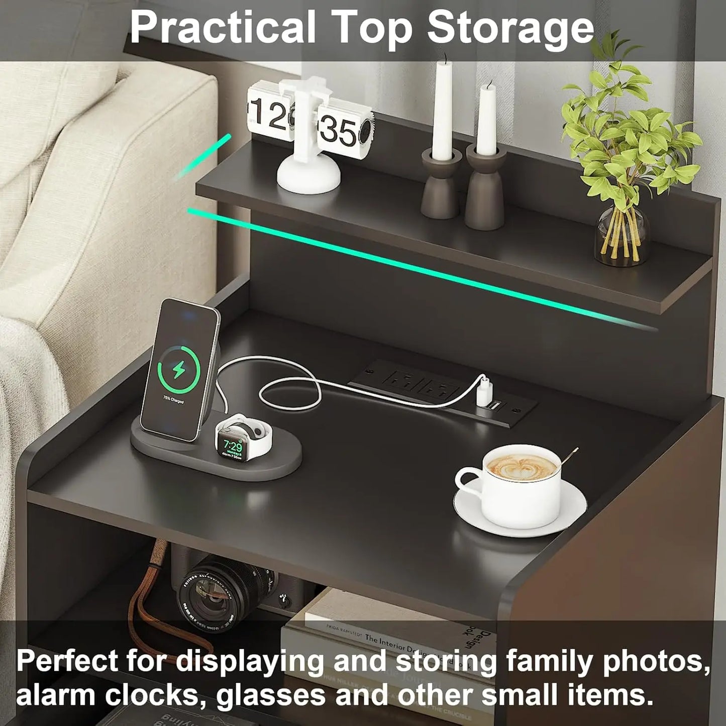 Modern LED Nightstand with Charging Station, 2 Drawers, USB Ports, and RGB Lights for Bedroom or Living Room
