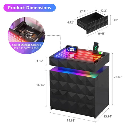 Night Stand with Charging Station and RGB Lights, LED Nightstand with Tempered Glass and Sliding Top, 3 Drawers, Customized