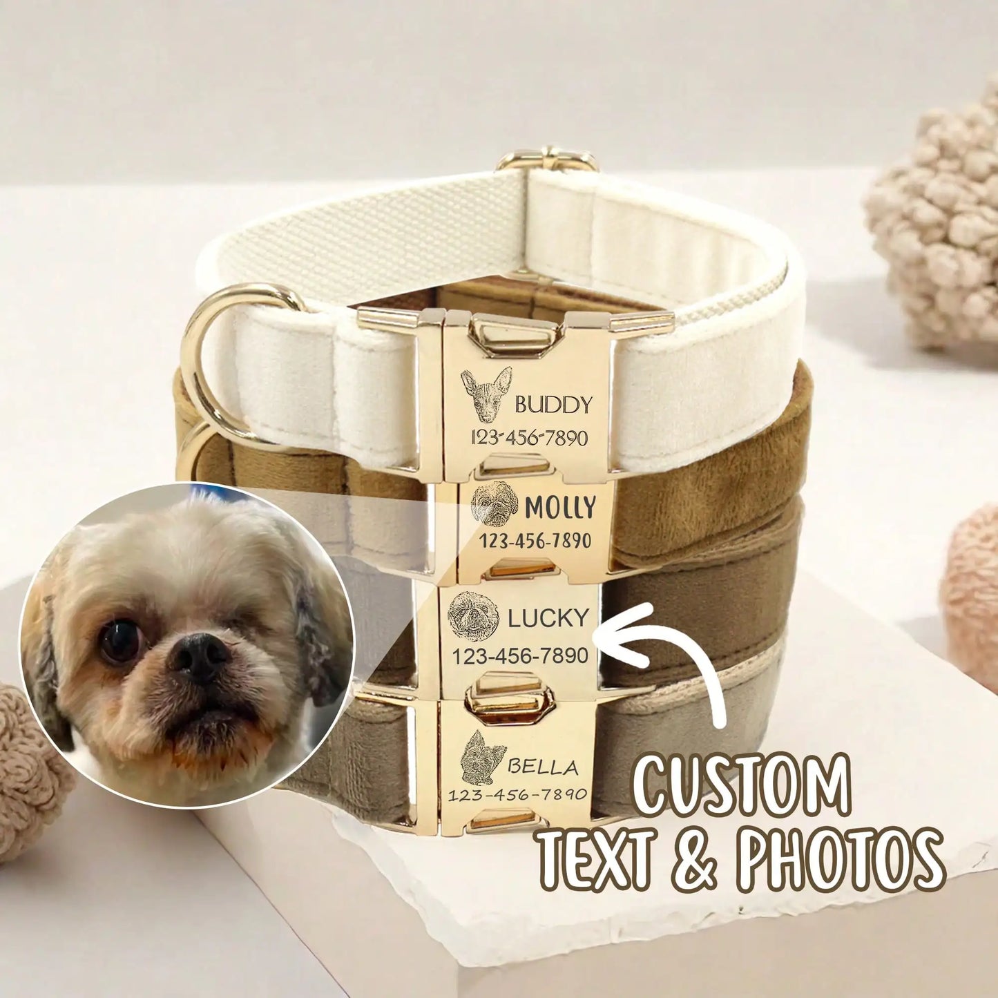 Velvet Dog Cat Collar Custom Engraved ID Tag Soft Adjustable Collar for Small Medium Large Dogs Cats