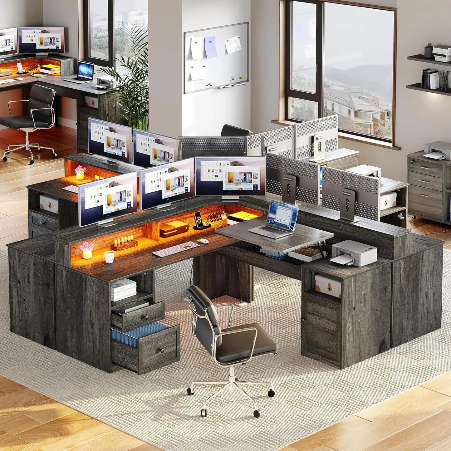 L Shaped Desk with Power Outlets & LED Lights, 60" Corner Computer Desk with Drawers & Lift Top, Home Office Desk, Customized