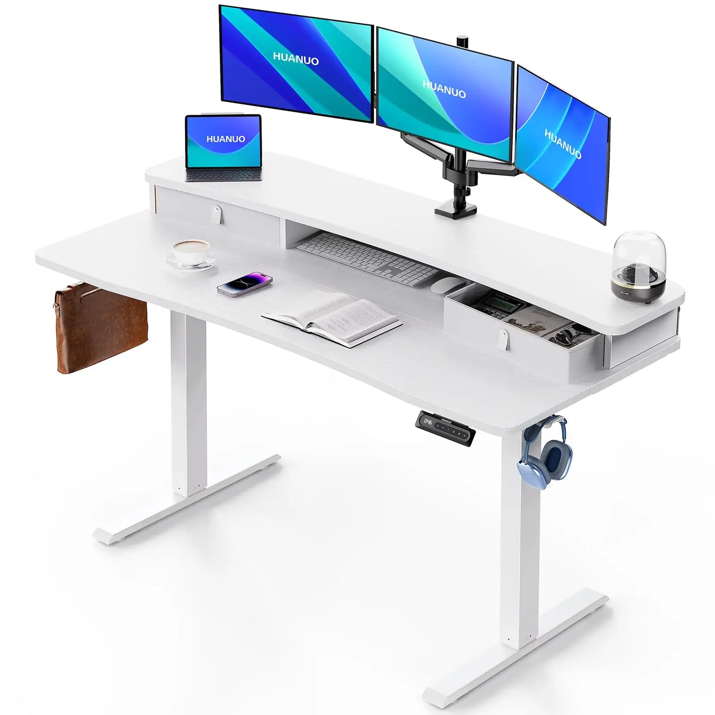 HUANUO Electric Standing Desk with 2 Drawers,C-Clamp Mount Compatible,Height Adjustable Computer Desk, Home Office Stand Up Desk