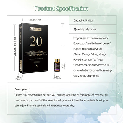 20 Bottles Essential Oils Kit Set Lavender Jasmine Eucalyptus Vanilla Sandalwood Sweet Orange Geranium Patchouli