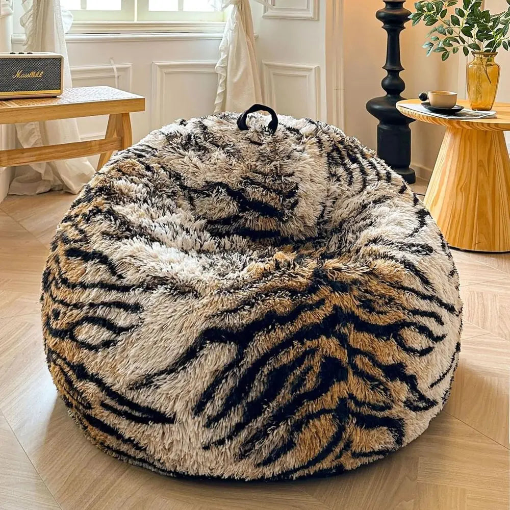 Tiger Print Bean Bag Chair Cover - Animal Themed Storage Shell, Suitable for Adults, Teens, and Kids, Anti-Slip, Brown Tiger Des