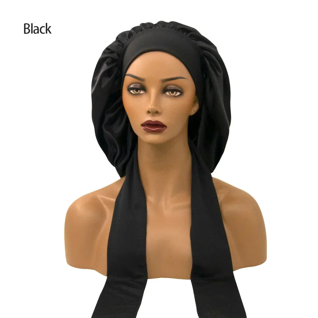 Satin Widened Sleep Hat Night Sleep Cap with Long Streamer Hair Care Bonnet Nightcap Elastic Cap De Nuit Shower Turban