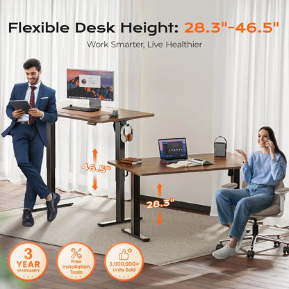 Large Electric Standing Desk, Height Adjustable Computer Desk with 3 Preset Heights, Rustic Brown for Home Office