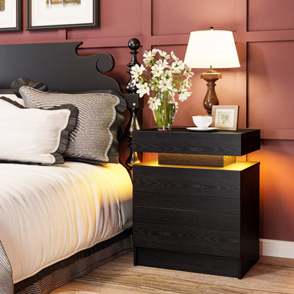 Night Stand with Charging Station, Modern Nightstand with LED Light and Drawers, Bedside Tables/End Table for Bedroom