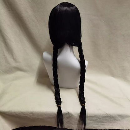 Wednesday Addams Cosplay Wig Long Black Braids Hair Synthetic Wigs Universal Size for Halloween Party Girls Dress Up Accessories