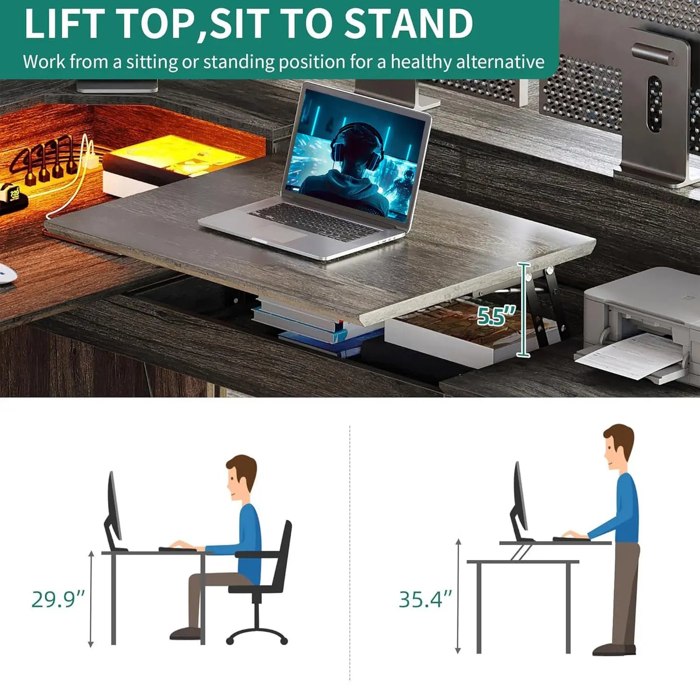 L Shaped Desk with Power Outlets & LED Lights, 60" Corner Computer Desk with Drawers & Lift Top, Home Office Desk, Customized